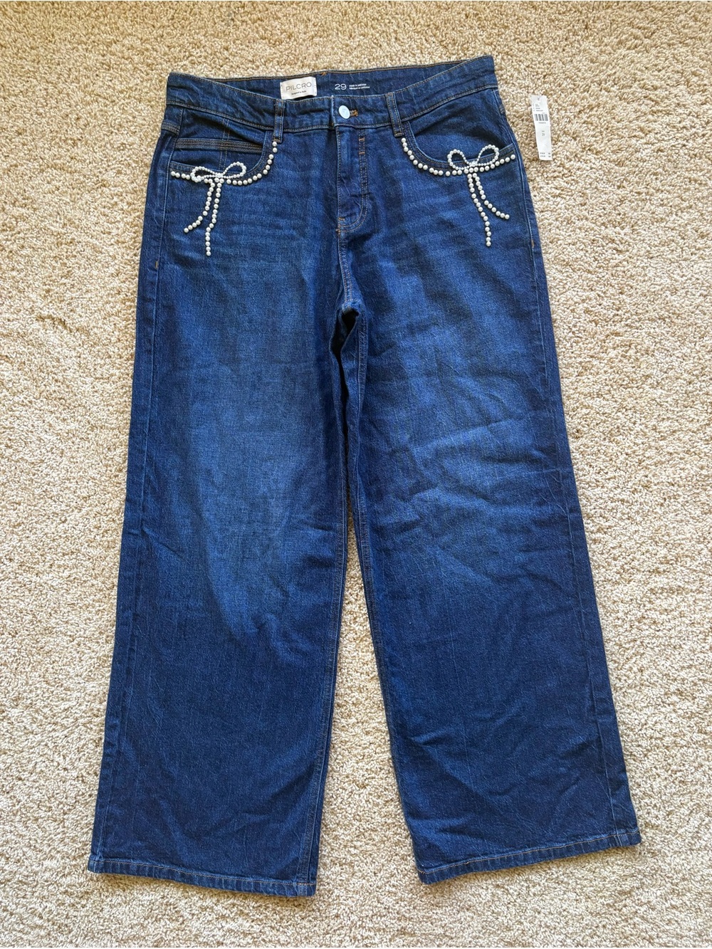 Pilcro Pearl-Embellished Low-Rise Wide-Leg Jeans Bow Size 29